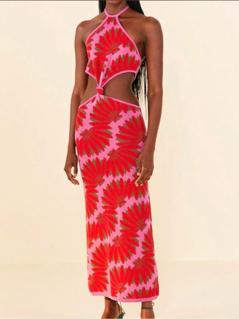 Farm Rio Neon Pink Red Beaded Copacabana Knit Maxi Halter Dress S Tropical Boho